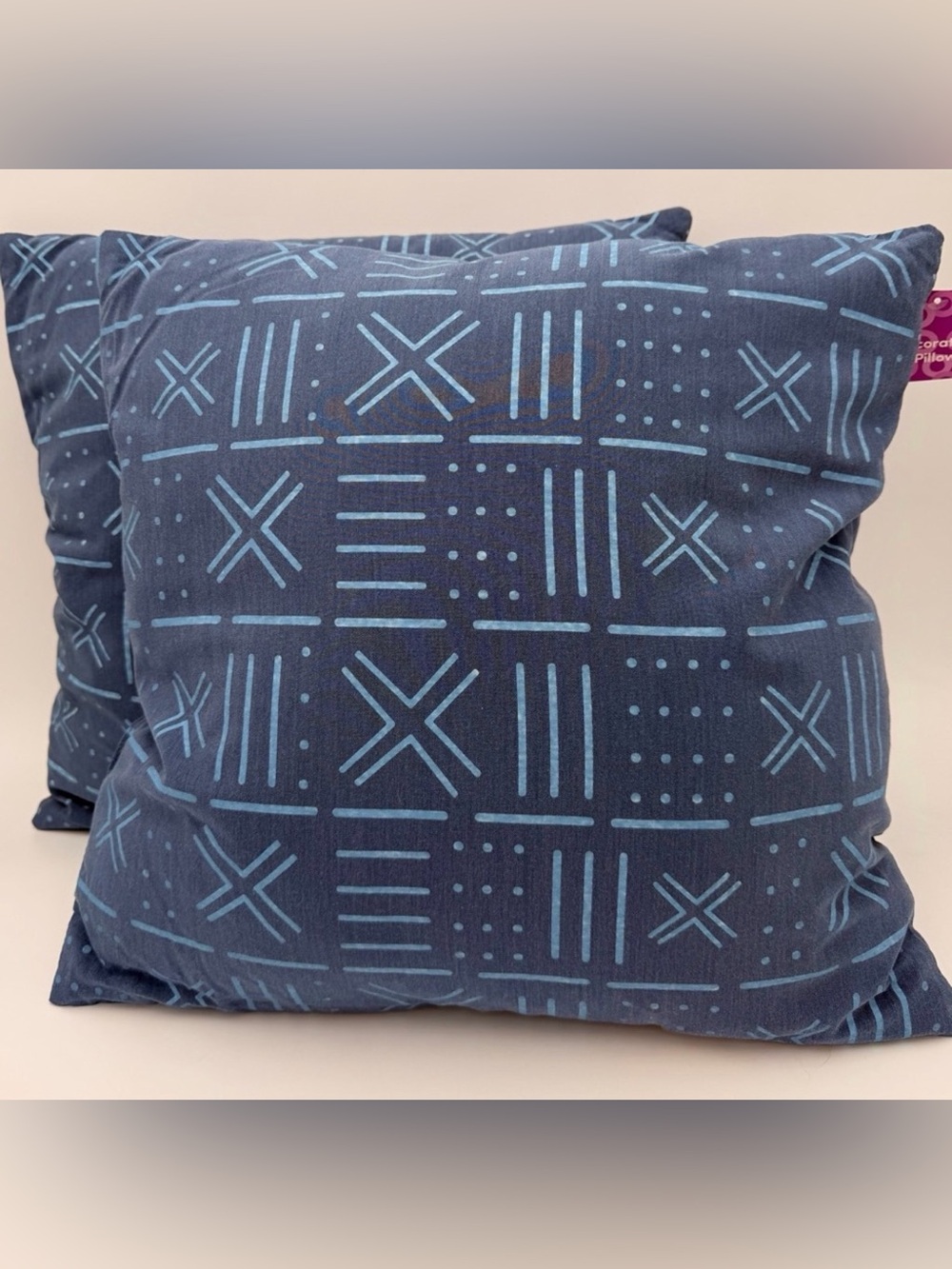 Set of 2 Blue Patterned Throw Pillows 17”x17”